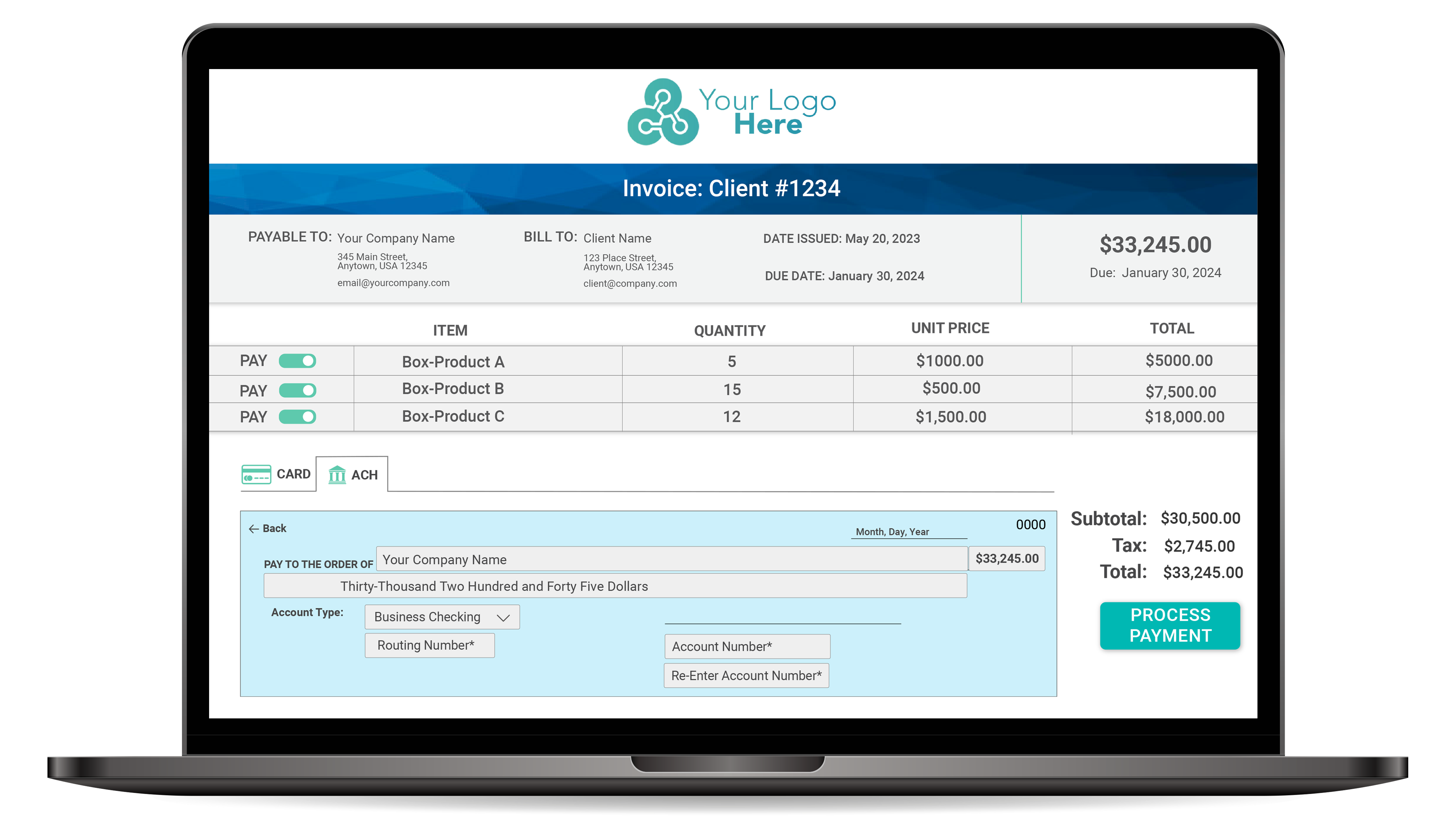 e-invoice_laptop ACH/eCheck Payment Acceptance